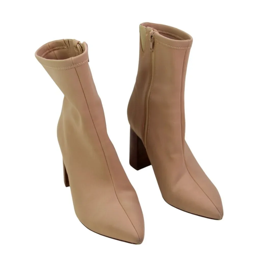 Jeffrey Campbell BEIGE ELASTIC NYLON HIGH HEEL POINTED ZIP SIDE ANKLE BOOTS Sz 6